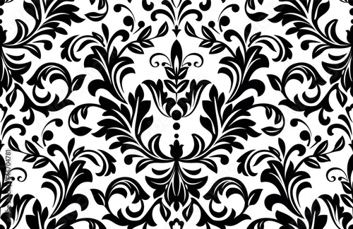 Wallpaper in the style of Baroque. Seamless vector background. White and black floral ornament. Graphic pattern for fabric, wallpaper, packaging. Ornate Damask flower ornament