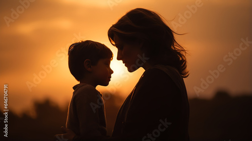 dark silhouette image of a son and mother . 