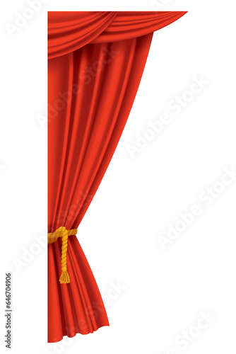 Red curtains realistic. Theater fabric silk decoration for movie cinema or opera hall. Curtains and draperies interior decoration object. Isolated on transparent for theater stage