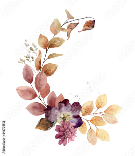 Photographie Watercolor vector wreath with bright autumn flowers and foliage.