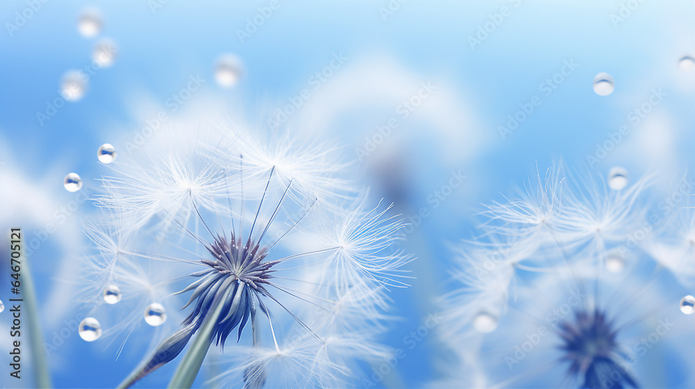 Beautiful dandelions, blue summer background, macro