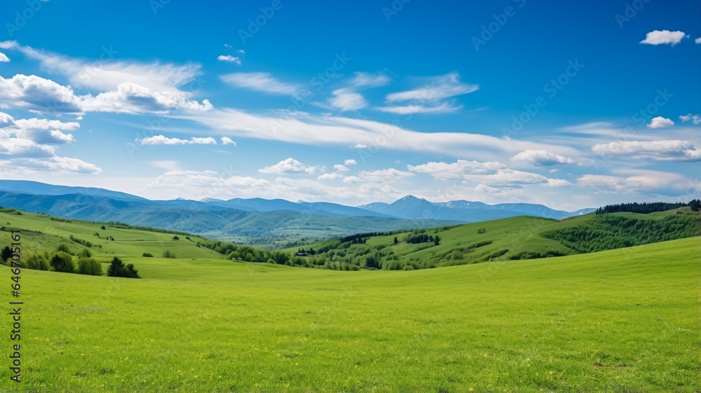 Green field and blue sky, mountain hill, summer scenery background Green field and blue sky, mountain hill, summer scenery background