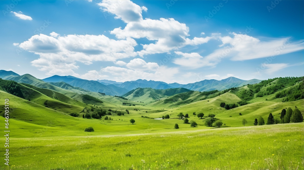 Green field and blue sky, mountain hill, summer scenery background