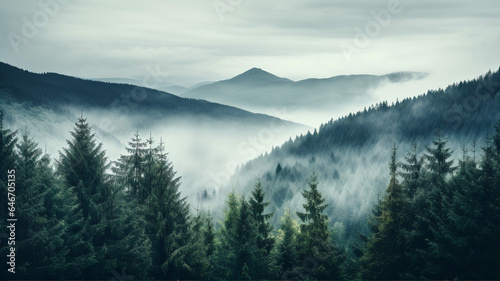 Green forest and mountain in fog, dark misty landscape