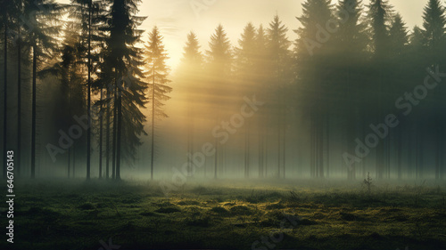 Forest with pine trees and mist, fairytale atmosphere, woodland landscape