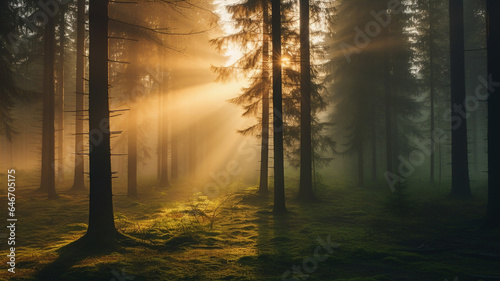 Forest with pine trees and mist  fairytale atmosphere  woodland landscape