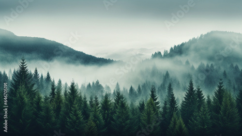 Green forest and mountain in fog, dark misty landscape