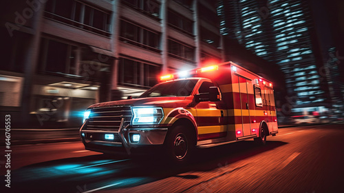 a Medical emergency ambulance driving during traffic jam on city road. rush hour concept. Ambulance. Generative Ai