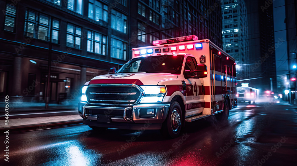 a Medical emergency ambulance driving during traffic jam on city road. rush hour concept. Ambulance. Generative Ai
