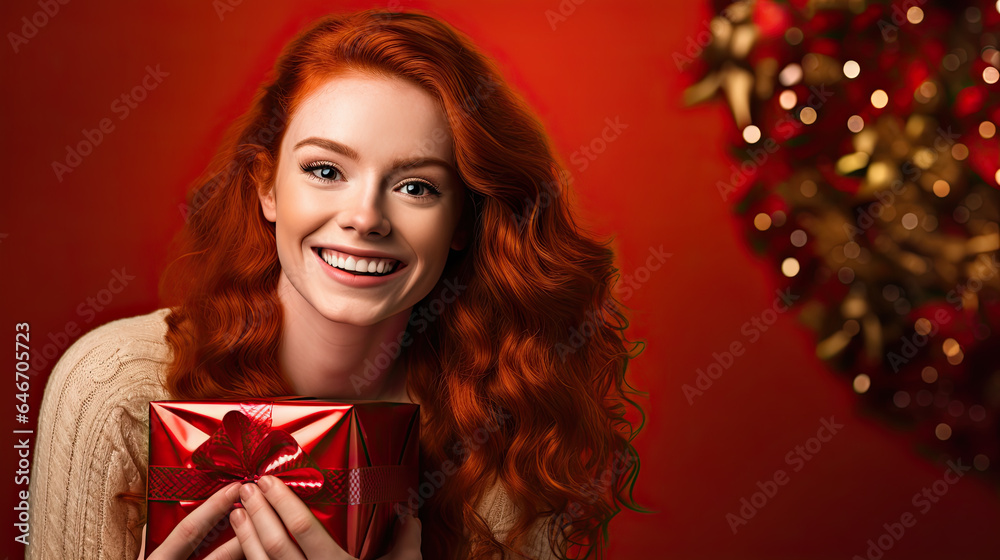 redhair woman with christmas gift box, red background