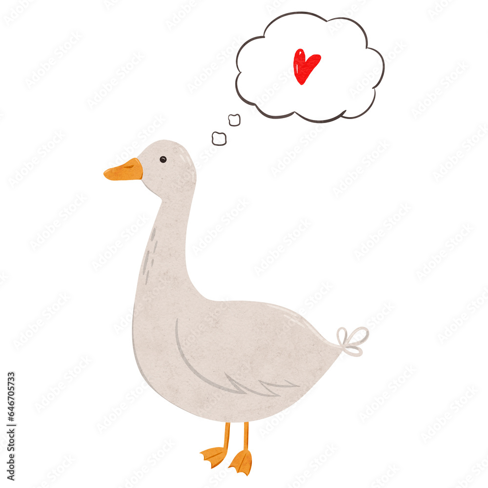 Fototapeta premium Cute goose fall in love in scandinavian style. Digital hand drawn illustration with farm animal. Romantic bird for textile design, Valentine cards, prints. Drawing of character in cartoon style on