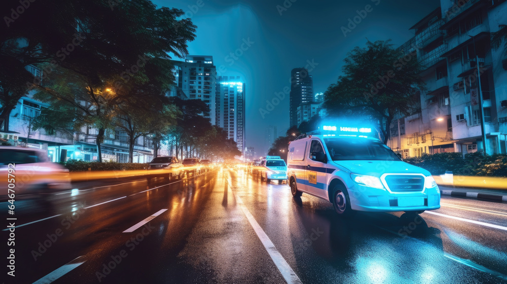 a Medical emergency ambulance driving during traffic jam on city road. rush hour concept. Ambulance. Generative Ai a Medical emergency ambulance driving during traffic jam on city road. rush hour concept. Ambulance. Generative Ai