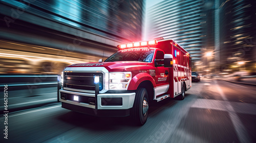 a Medical emergency ambulance driving during traffic jam on city road. rush hour concept. Ambulance. Generative Ai