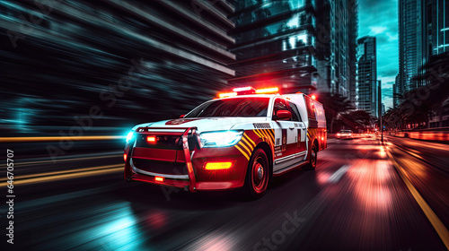a Medical emergency ambulance driving during traffic jam on city road. rush hour concept. Ambulance. Generative Ai © tong2530