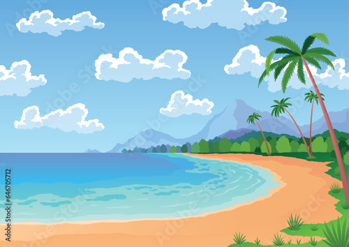 Beach landscape with palm trees  sandy shore  blue water and sky  and clouds. Beautiful seaside tropical banner. Summertime vacation on sea coast  vector illustration