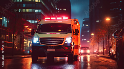 a Medical emergency ambulance driving during traffic jam on city road. rush hour concept. Ambulance. Generative Ai