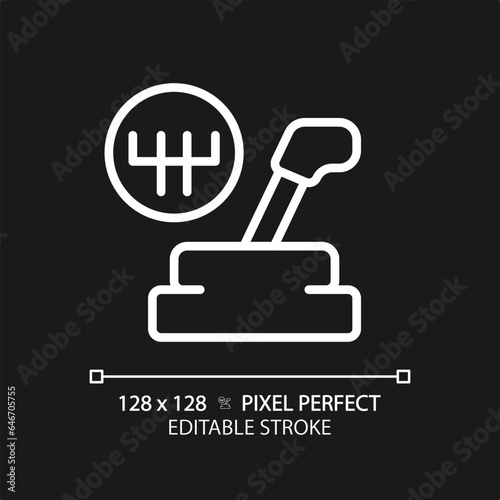 2D pixel perfect editable white car gear lever icon, isolated vector, thin line simple illustration representing car service and repair.