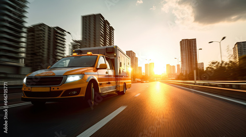 a Medical emergency ambulance driving during traffic jam on city road. rush hour concept. Ambulance. Generative Ai