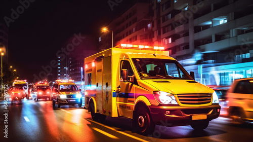 a Medical emergency ambulance driving during traffic jam on city road. rush hour concept. Ambulance. Generative Ai