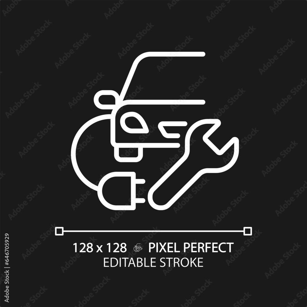 2D pixel perfect editable white electric car charging icon, isolated vector, thin line simple illustration representing car service and repair. 2D pixel perfect editable white electric car charging icon, isolated vector, thin line simple illustration representing car service and repair.