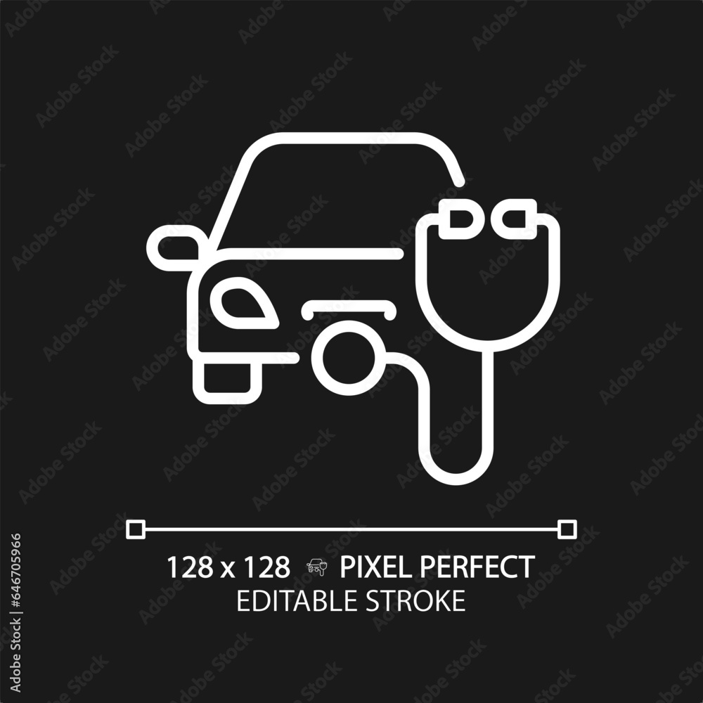 2D pixel perfect editable white car health icon, isolated vector, thin line simple illustration representing car service and repair. 2D pixel perfect editable white car health icon, isolated vector, thin line simple illustration representing car service and repair.