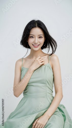 A modern Chinese woman in a simple yet elegant green dress, her beauty and grace are undeniable
