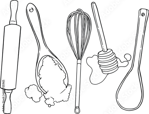 Food bakery utensil icons set sketch drawing , for restaurant and cafe design, black and white, black line vector
