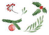 Watercolor set new year and christmas branches, fir treeand red ball, berries