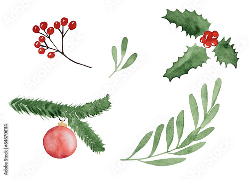 Watercolor set new year and christmas branches, fir treeand red ball, berries photo