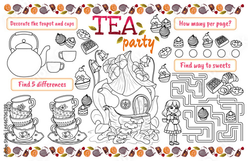 Festive placemat for children. Printable activity sheet "Tea Party" with a maze, coloring page and find the differences. 17x11 inch printable vector file