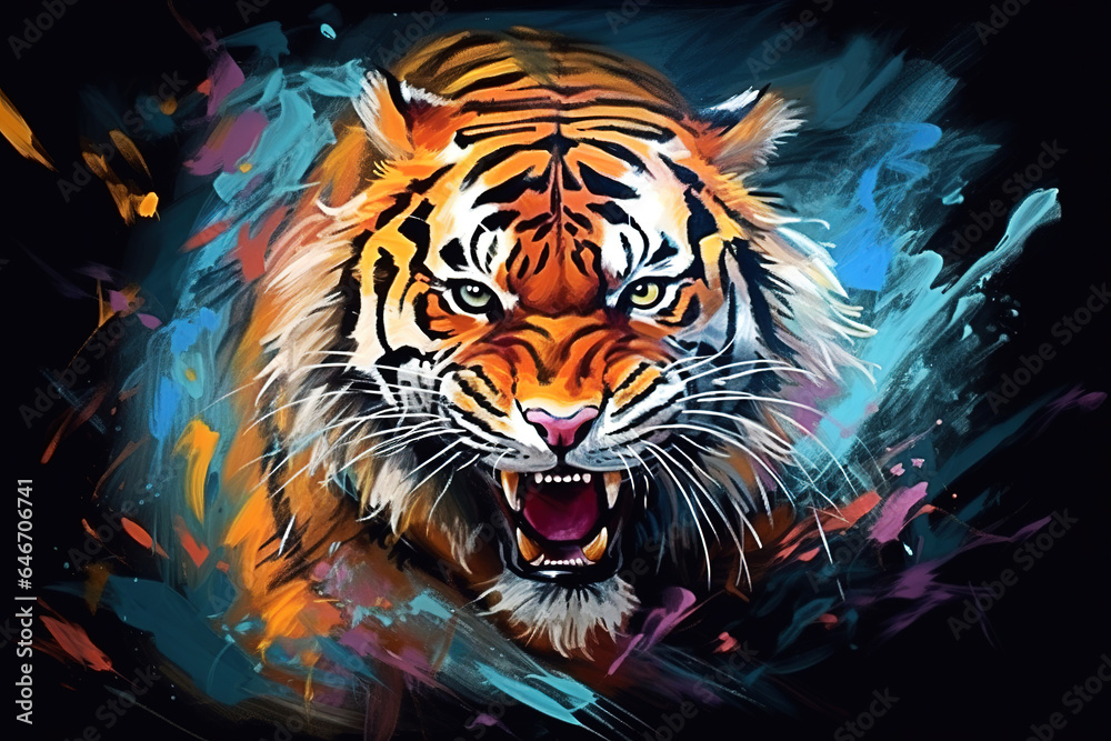 Image of beautiful colorful painting of a angry tiger. Wildlife animals. Illustration, Generative AI.