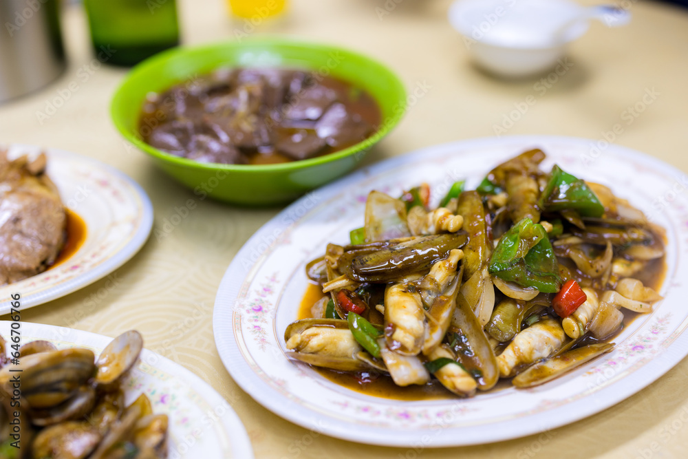 Asian food fried razor clam with soy sauce Asian food fried razor clam with soy sauce