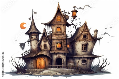 Haunted castle isolated on white background. Halloween design with old spooky house, illustration in cartoon style.