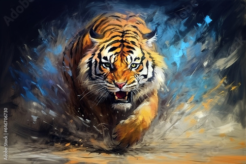 Image of beautiful colorful painting of a angry tiger. Wildlife animals. Illustration, Generative AI. © yod67