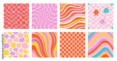 Set of funky groovy backgrounds vector design. Cool abstract colorful patterns. Y2K aesthetic, flat design, 1970 Daisy flowers, trippy grid, wavy swirl poster collection in bright colors. 