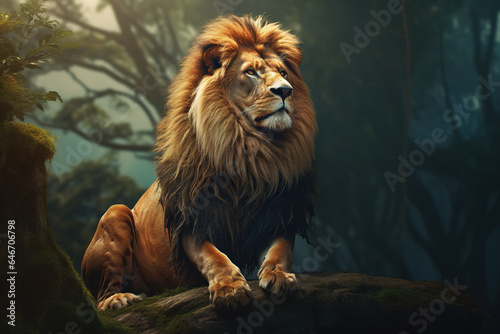 Image of a lion in the forest  Wildlife Animals.  Generative AI  Illustration.