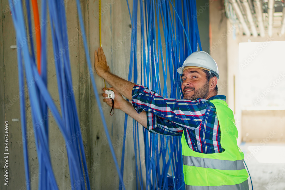 A skilled electrician in construction checking cables for building electric network.