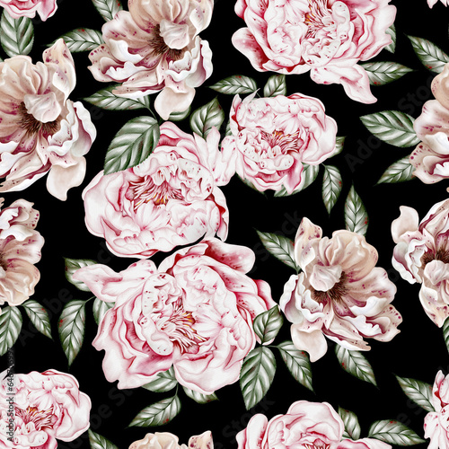 Watercolor seamless pattern with roses and peony flowers. Illustration