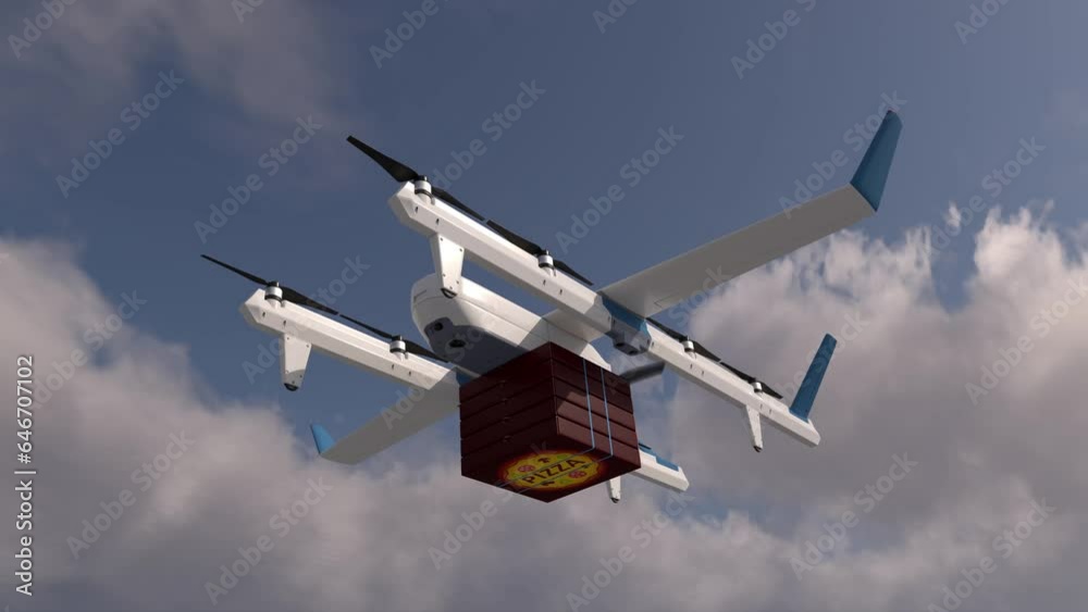 Delivery of pizza boxes using a drone. Flying over the city. 3d render. Delivery of pizza boxes using a drone. Flying over the city. 3d render.