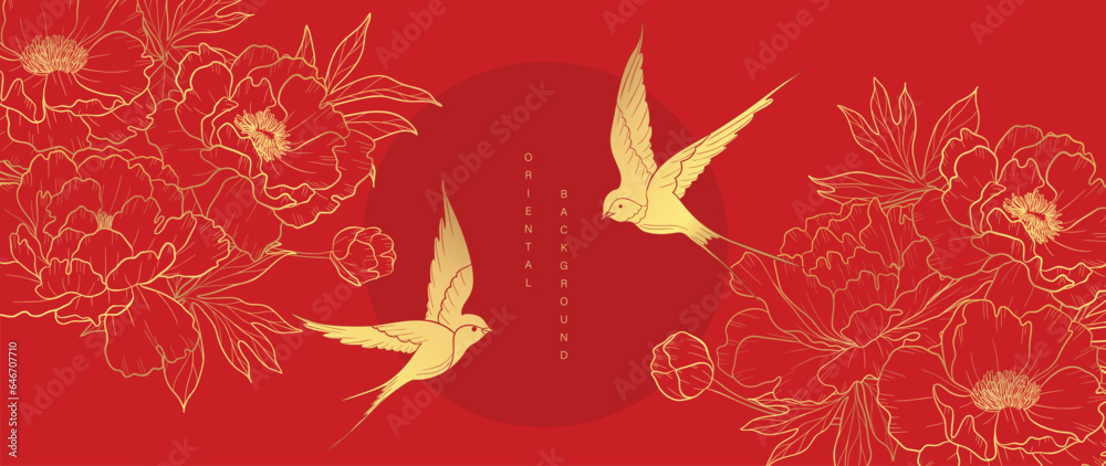 Luxury oriental japanese pattern background vector. Elegant swallow bird and peony flower golden line art on red background. Design illustration for decoration, wallpaper, poster, banner, card.