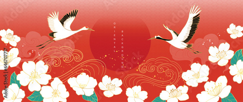 Luxury gold oriental style background vector. Chinese and Japanese wallpaper pattern design of elegant crane birds and flowers with gold line texture. Design illustration for decoration, wall decor.
