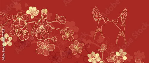 Luxury oriental japanese pattern background vector. Elegant swallow bird and peony flower golden line art on red background. Design illustration for decoration, wallpaper, poster, banner, card.