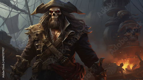 A pirate with a skull on his chest and a ship in the sea