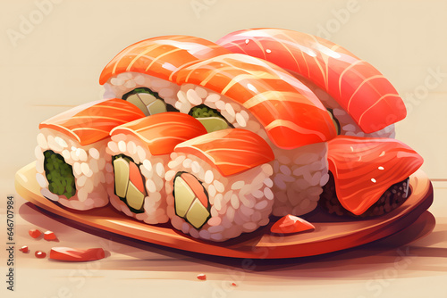Nigiri Japanese food anime style illustration Made with Generative AI