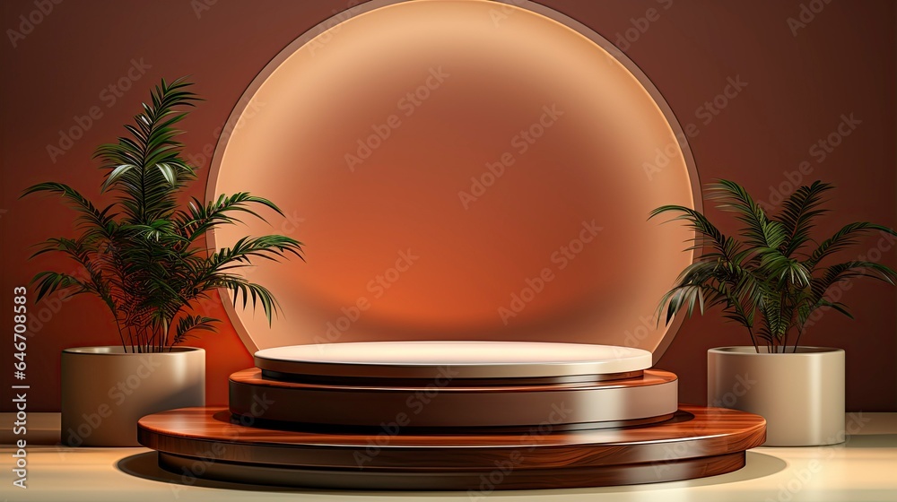 Obraz premium podium with lighting and plants.AI Generated.