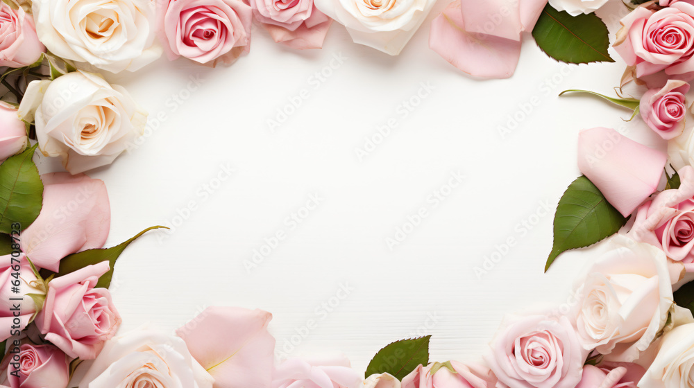 Blank note paper decorated flowers frame white and pink background