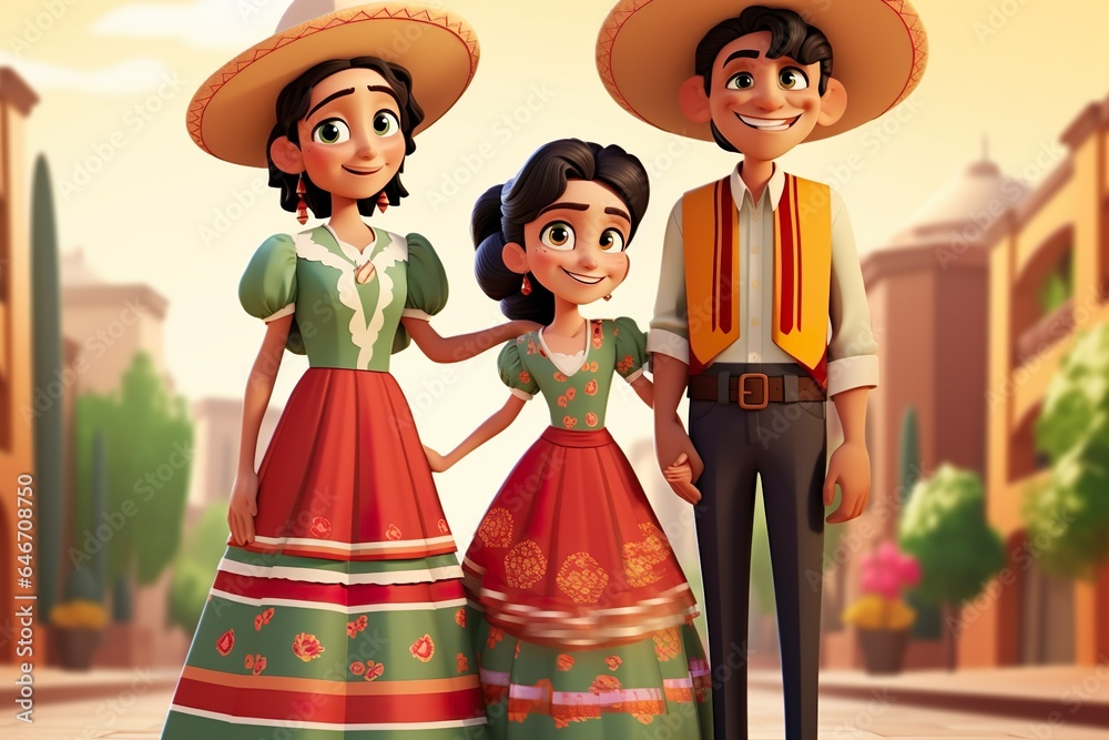 Mexican traditional culture icon cartoon illustration Mexican family dressed in traditional Mexican costume