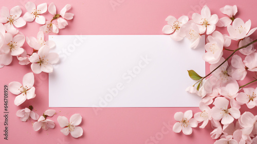 Blank paper card between pink flowers and petals top view