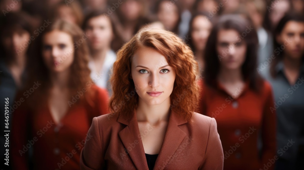 Obraz premium Standing out from the crowd concept with woman looking at camera from large crowd of people
