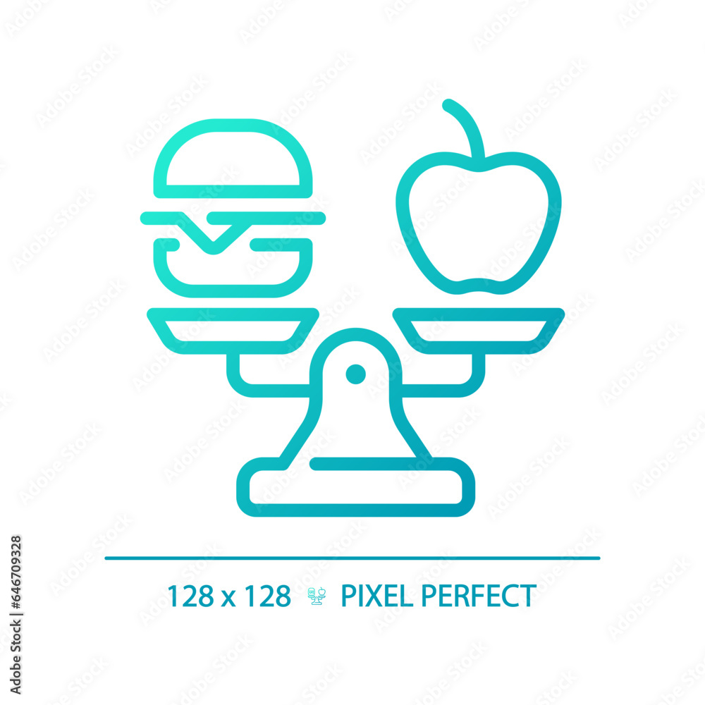 2D pixel perfect blue gradient food on weight scale icon, isolated vector, thin line illustration representing comparisons. 2D pixel perfect blue gradient food on weight scale icon, isolated vector, thin line illustration representing comparisons.